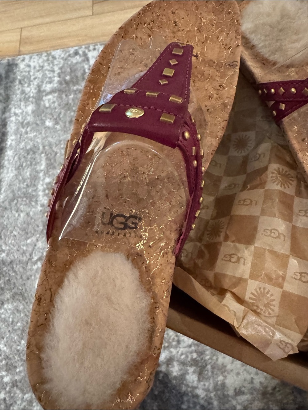 UGG Women's Burgundy Studded Cork Thong Sandals with Shearling Footbed